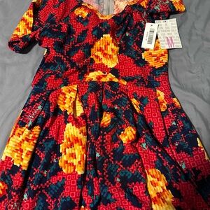 LuLaRoe Women's Dress with Red and Yellow Geometric Pattern-Amelia